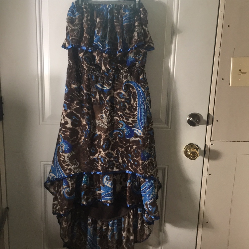 New Look brown & blue strapless scarf like dress high front low back size Small